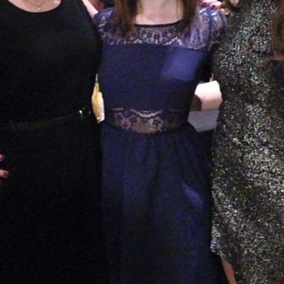 Navy Lace Back & Sleeve Semi-Formal Dress - Picture 6 of 7